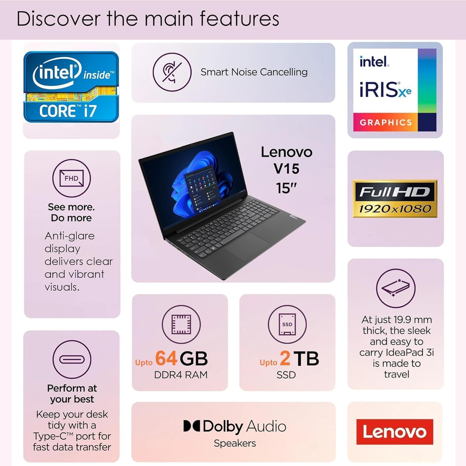 Diagram showing key features of the Lenovo V15 laptop including Intel Core i7, FHD display, up to 64GB DDR4 RAM, up to 2TB SSD, and Dolby Audio.