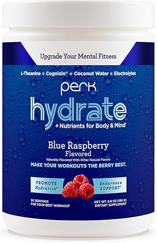 Perk Hydrate Blue Raspberry - Mezcla de bebida con electrolitos en polvo (30 porciones), agua de coco, CDP-colina, L-teanina, sin gluten