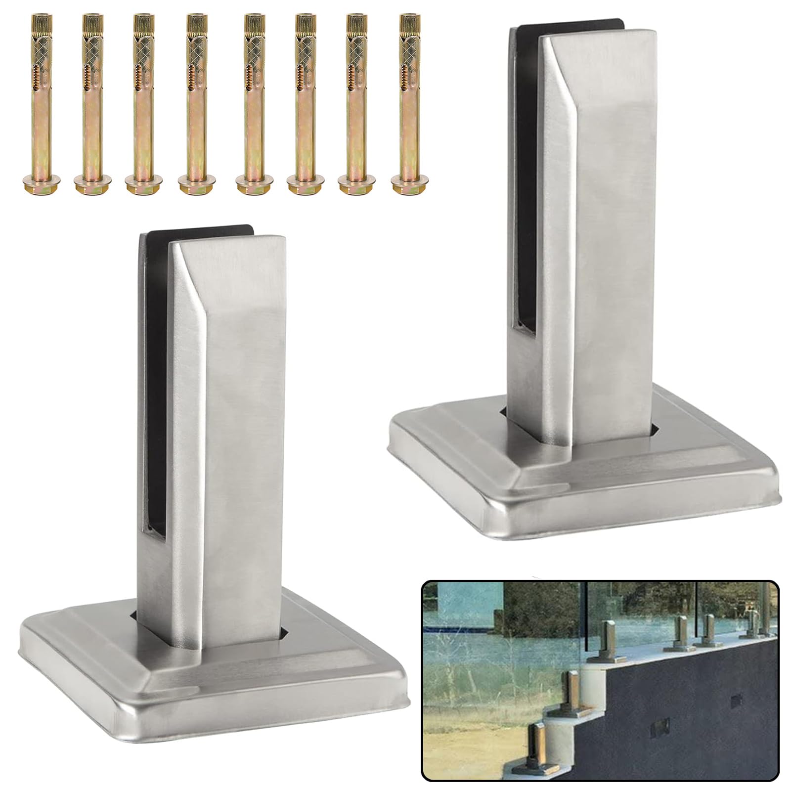 Uchwyt do balustrady szklanej, wytrzymały kwadratowy nosek ze stali nierdzewnej 304 10-15 mm, do ogrodzenia basenu, balkonu, schodów i podwórza, srebrny, zestaw 2 szt. (20 szt