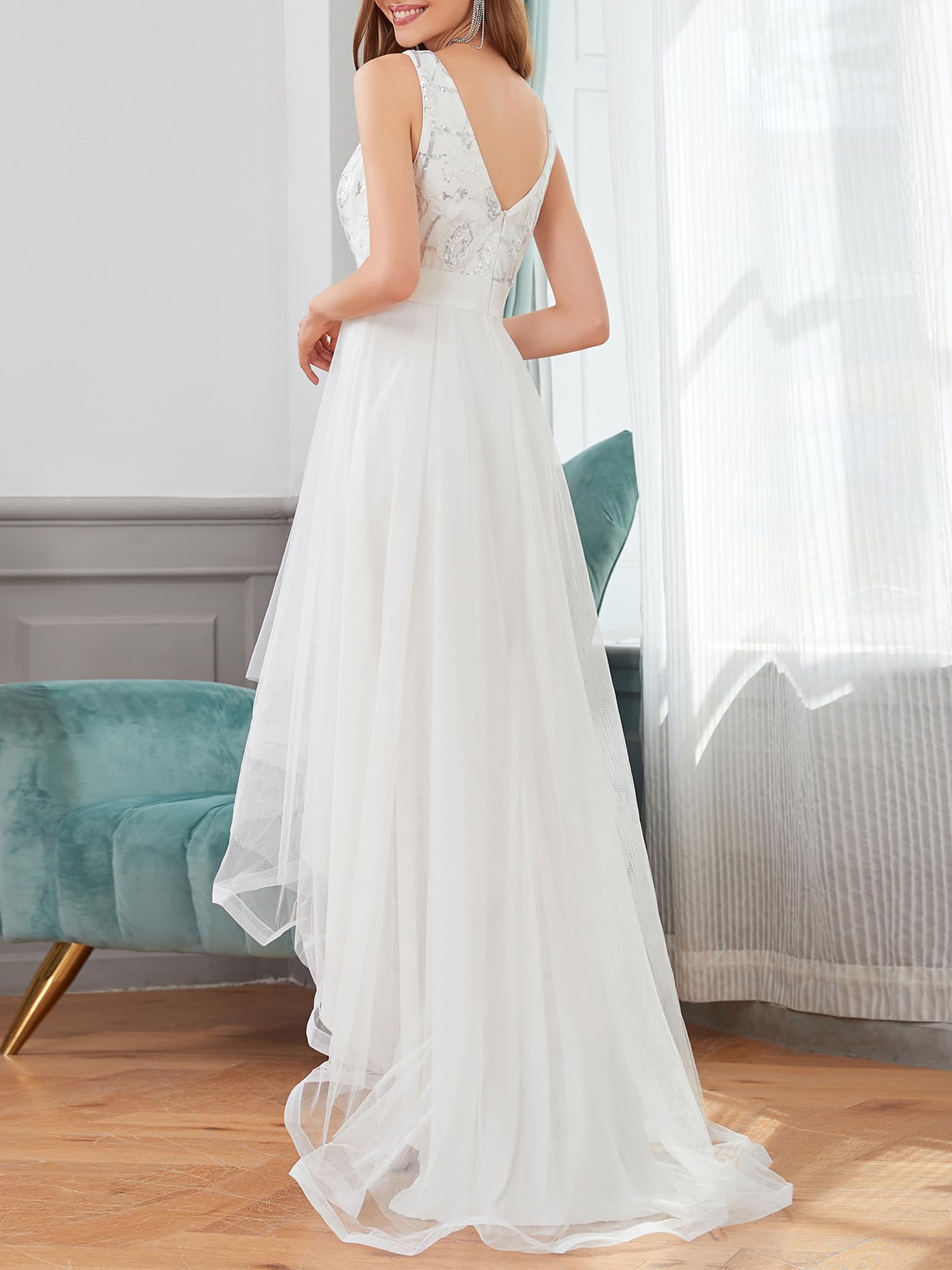 Ever-Pretty Asimétrico Vestido de Fiesta Largo Mujer Tul Lentejuelas Alto Bajo Escote V A-línea Imperio 00793