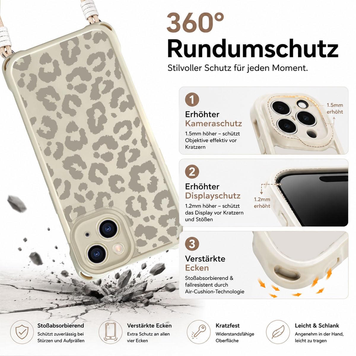 Etui na telefon komórkowy iPhone 15 6,1", Aesthetic Leopard, dla kobiet i dziewcząt, wzornictwo ze sznurkiem, zdejmowany łańcuszek, ochrona aparatu, odporne na uderzenia, silikonowe etui ochronne