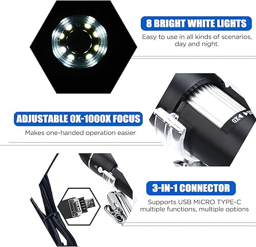 Miniatura 5 de Microscopio digital inalámbrico - Cámara de microscopios de mano de aumento de 1600X con soporte ajustable USB+Micro+Tipo-C Compatible con iPhone,