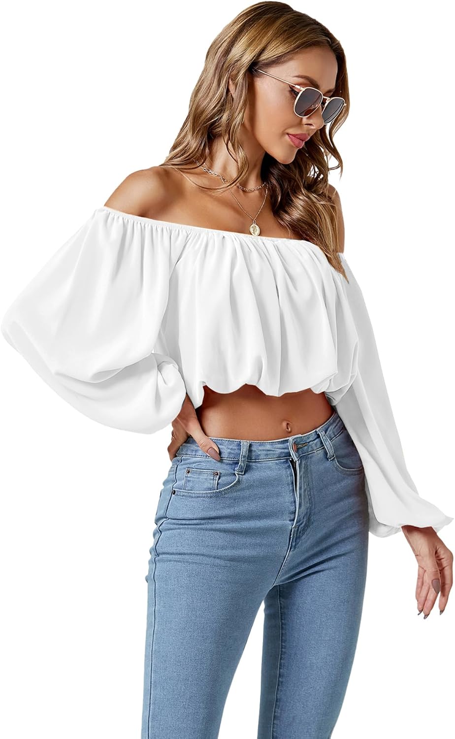 Umenlele Women’s Casual Off Shoulder Ruched Lantern Long Sleeve Crop Top Blouse Shirt - Image 3