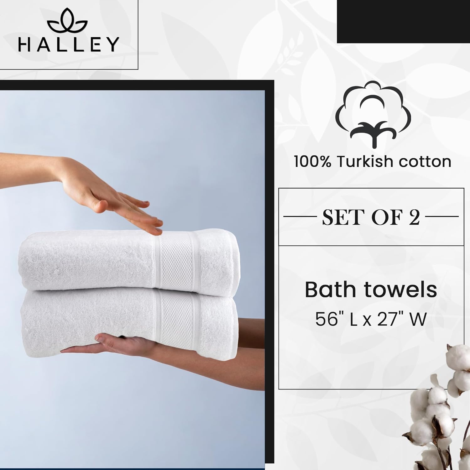 HALLEY 100% Turkish Cotton Bath Towels (Pack of 2) - Hotel & Spa Quality - Super Soft, Quick Drying & Absorbent Towels for Bathroom, Guest Room, Shower, Beach, Bath, Pool, Gym & Yoga - White