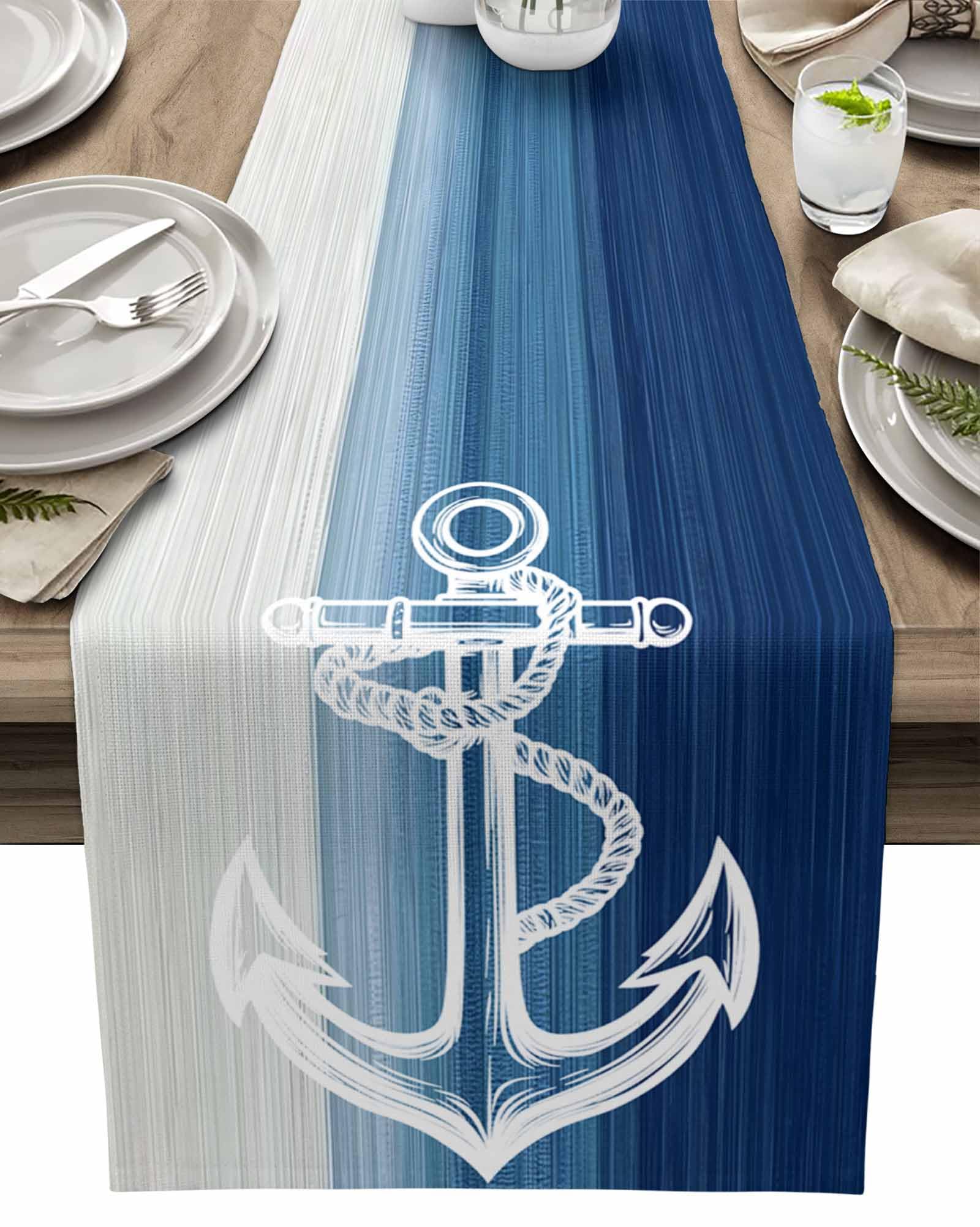 Table Runner Nautical Anchor Ocean Table Runners for Dining Room Ombre Blue Wave Kitchen Dining Table Decoration for Home Party Decor 13x72 Inch