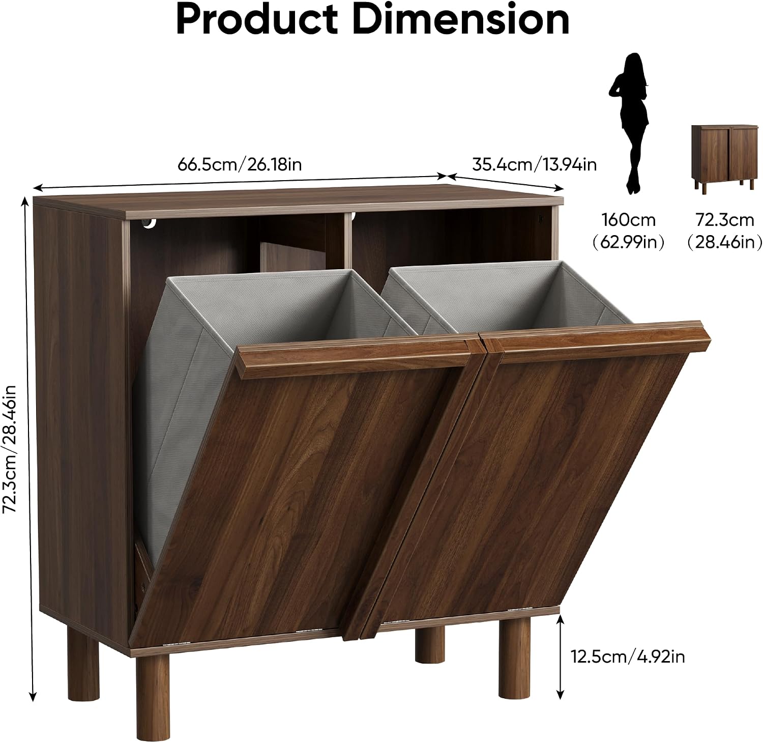 Smart FENDEE Double Laundry Hamper Cabinet, 26.2" Small Wooden Dirty Clothes Basket with Handles, Narrow Tilt-Out Laundry Sorter for Small Spaces, Bathroom, Bedroom, Apartment, Walnut Finish image 2