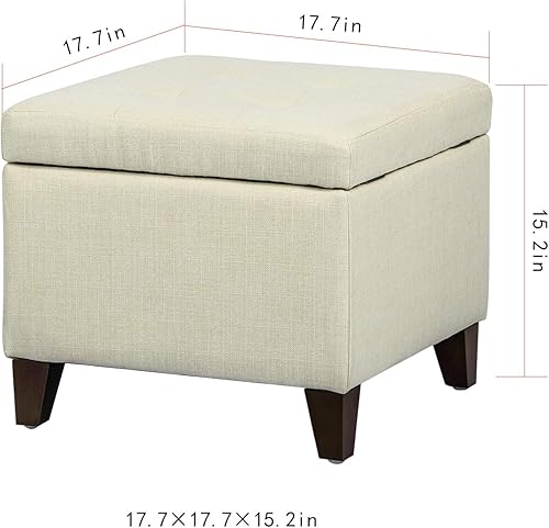 Miniatura 3 de Asense Taburete otomano cuadrado de tela con patas de madera, taburete tapizado con tapa con bisagras, color crema