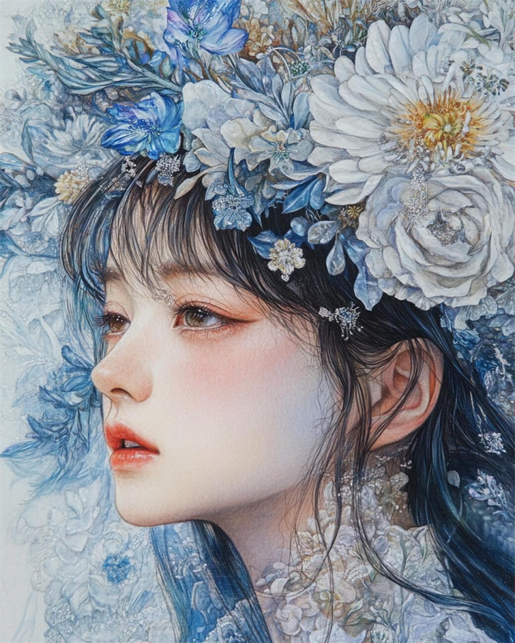 AMBATTERY DIY Bead Embroidery Kits Watercolor Women and Flowers Beadwork Craft Kit for Beginners,Needlework Set,Preprint Pattern Decor Wall Art 60x80cm