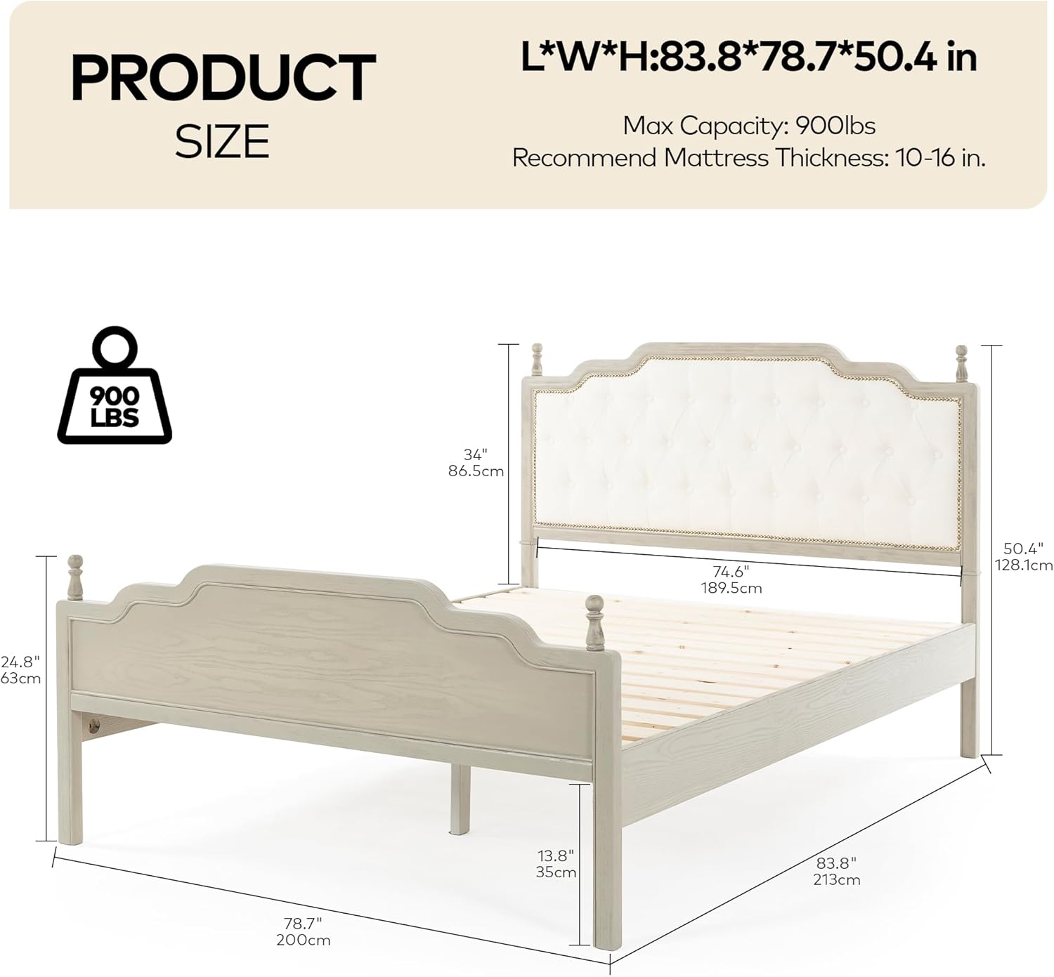 Chogori Elegant King Size Bed Frame with Upholstered Tufted Headboard – Premium Solid Wood, Standard Dimensions (213x200cm/84x79Inch), Perfect for Standard King Mattresses