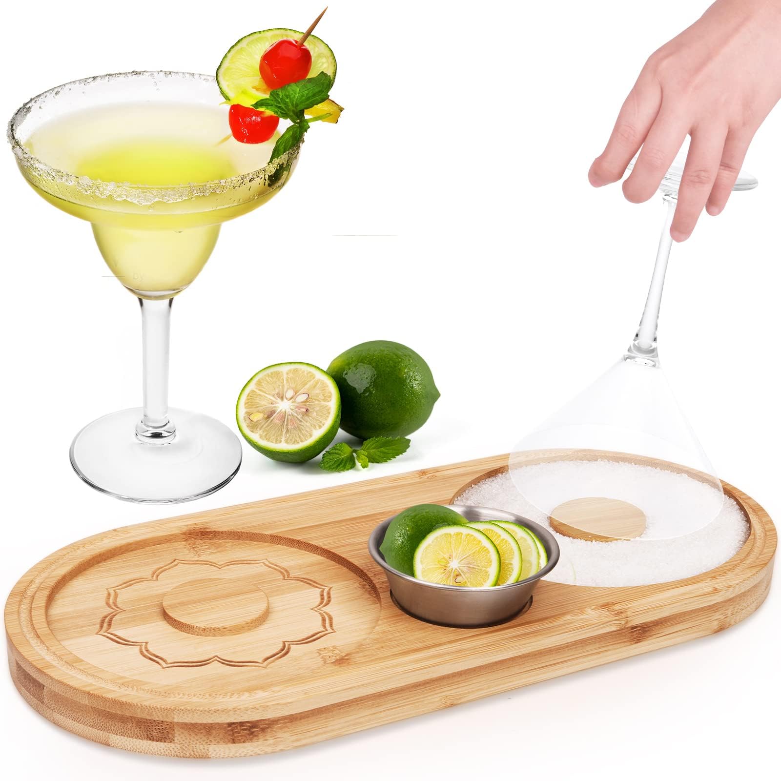 Margarita Salt Rimmer Set Salt Sugar Glass Rimmer for Cocktails Wood Salt Rimmer for Wide Glasses up to 6 Inches, Bartender Tool with Stainless Steel Spice Container for Lime/Spice Seasoning