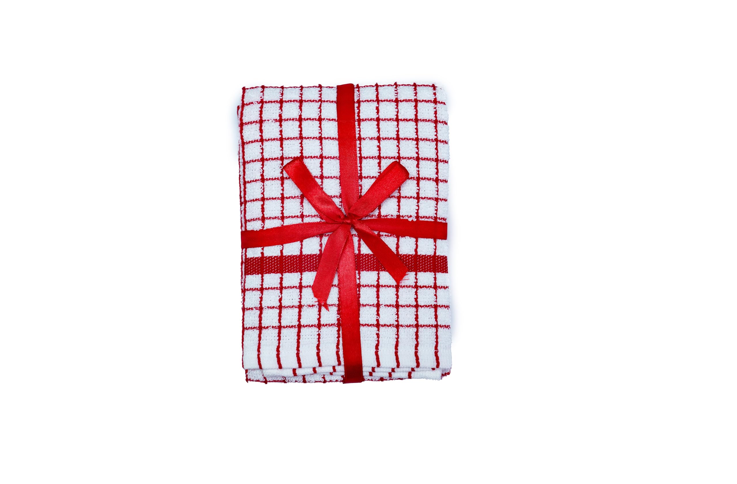 QUALITY HOME TEXTILES 100% Cotton Luxury Terry Towelling Tea Towels | Pack of 3| Kitchen Hand Towels Dish Cloth Super Absorbent Soft Touch | Hanging Loop | Gift Packed Tea Towels (Red)