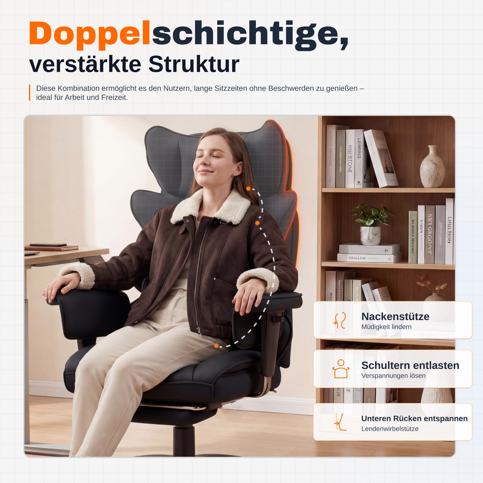 Dowinx Gaming Stuhl, Bürostuhl Ergonomisch mit Taschenfeder-Kissen, Chefsessel mit Doppellagige weiche Rückenlehne und verstellbare Lendenkissen, Armlehnen und Fußstütze, Textil-Schwarz