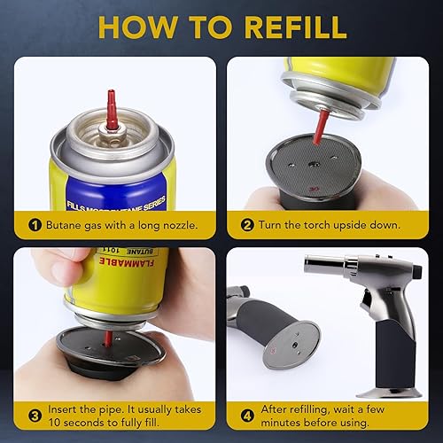Miniatura 5 de Tuffen Antorcha de cocina gris, pistola de butano de doble llama para velas y crema Brulee y más, encendedor de antorcha de cocina recargable, gas