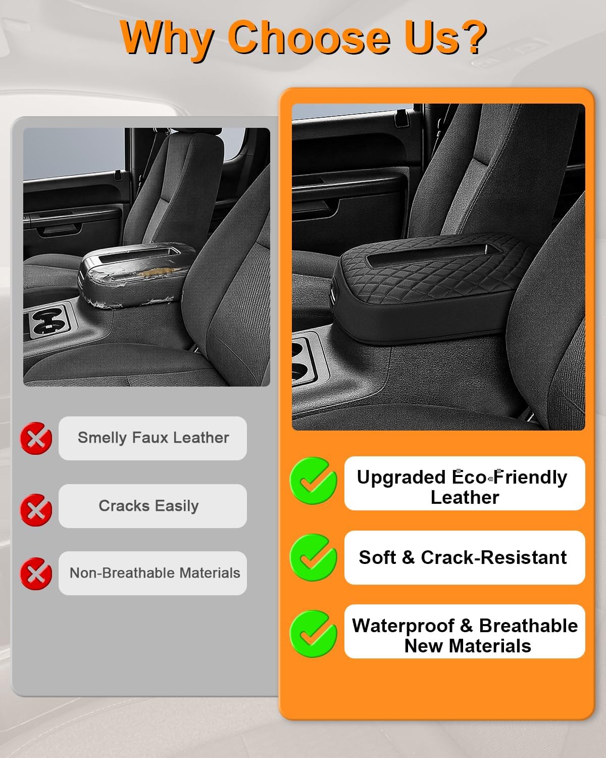 Center Console Armrest Cover for 2007-2014 Chevy Chevrolet Silverado/Tahoe/Avalanche/Suburban, GMC Sierra/Yukon, PU Leather Middle Console Lid Protector Arm Rest Cushion Thick Pad, Black(Bucket Seat)