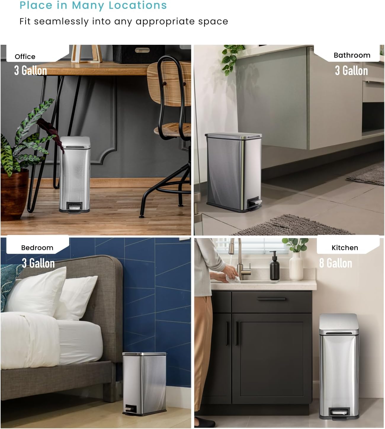 Home Zone Living 8 Gallon and 3 Gallon Slim Stainless Steel Trash Can Combo Set with Soft-Close Lid and Bag Tuck Design, Silver