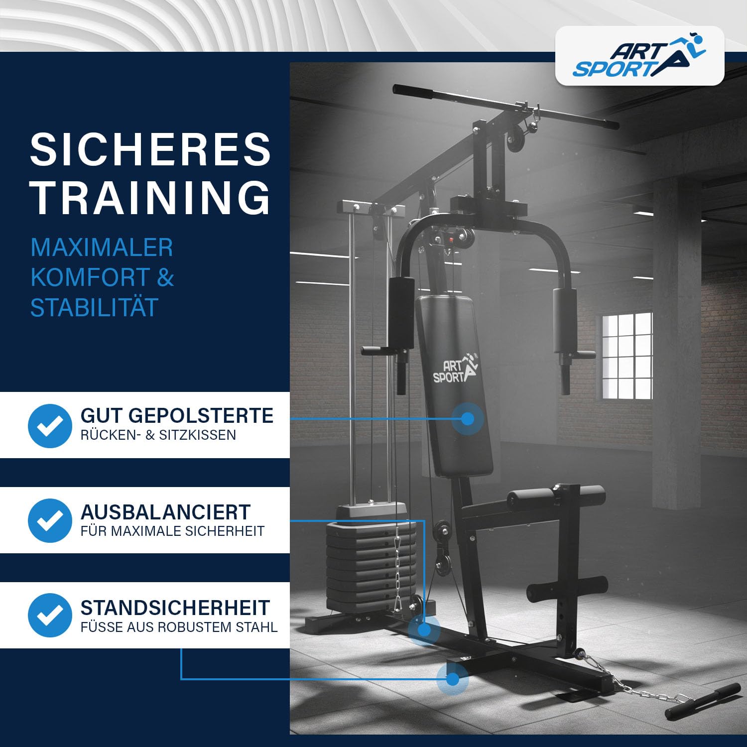 ArtSport Kraftstation ProfiGym 2000 mit Latzug- & Butterflystange, Seilzug & Beinstrecker - 9 Gewichte mit 40kg - Multistation Krafttraining Zuhause