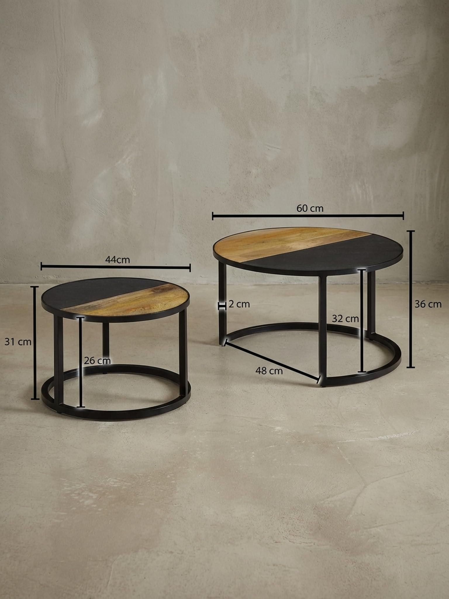 Couchtisch 2er Set Mango Massivholz/Stein Sofatisch Rund Modern