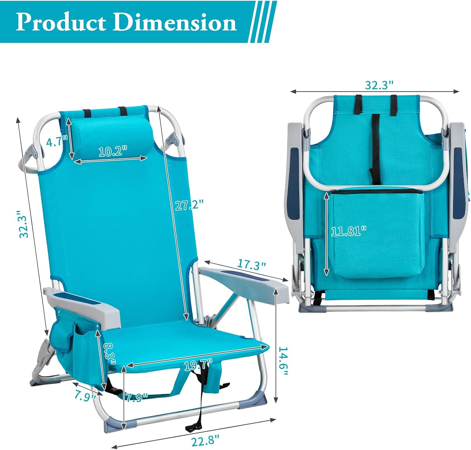 Outvita Backpack Beach Chair, 5 Level Adjustable Positions Beach Chair with Back Storage Bag, Cooler Pouch and Side Bags for Beach Poolside Lawn