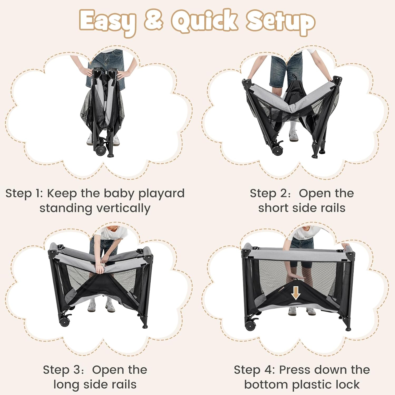 MAT EXPERT 4 in 1 Pack and Play, Portable Baby Playard with Changing Table, Removable Infant Full-Size Bassinet & Mattress, Diaper Storage Bag, Foldable Newborn Nursery Center with Carry Bag (Dark)