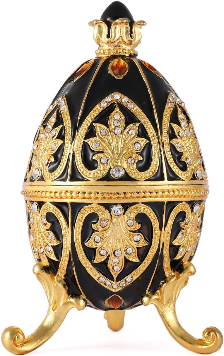 Furuida Trinket Box with Hinged Black Easter Egg Enameled Jewelry Box Classic Ornaments Metal Craft Gift for Home Decor