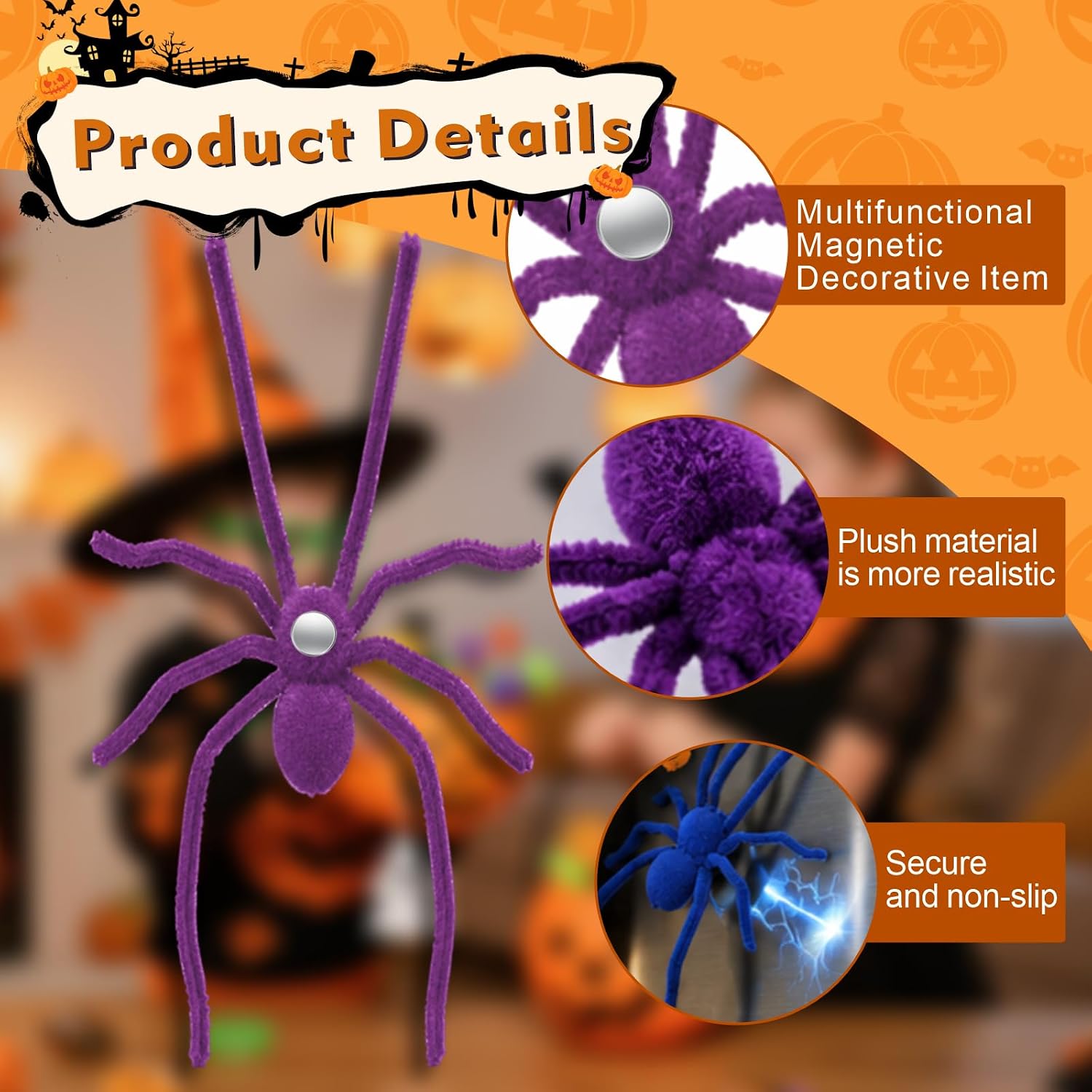 8PCS 3D Flocked Spider Fridge Magnets, Soft Fuzzy Realistic Spider Magnetic Decals – 8 Removable Dark Deep Tone Refrigerator Magnets for Car, Garage, Locker, Indoor Outdoor Decor image 4