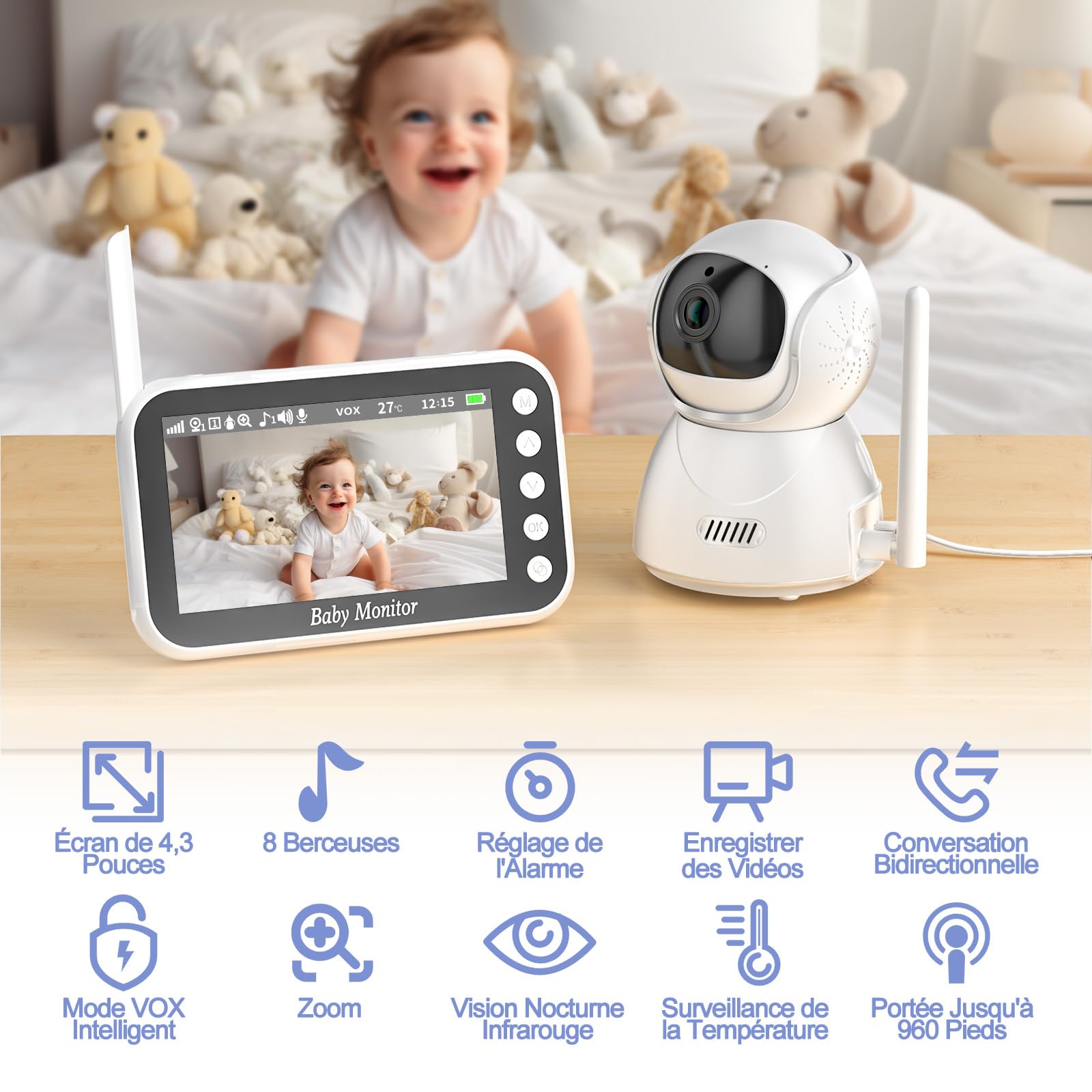OBVHNUA Babyphone Camera 4,3" 720P Baby Phone Vidéo Moniteur Bébé Zoom Enregistrement sur Carte SD Pan-Tilt VOX Vision Nocturne Audio Bidirectionnelle Capteur de Température 8 Berceuses 5 Réveil