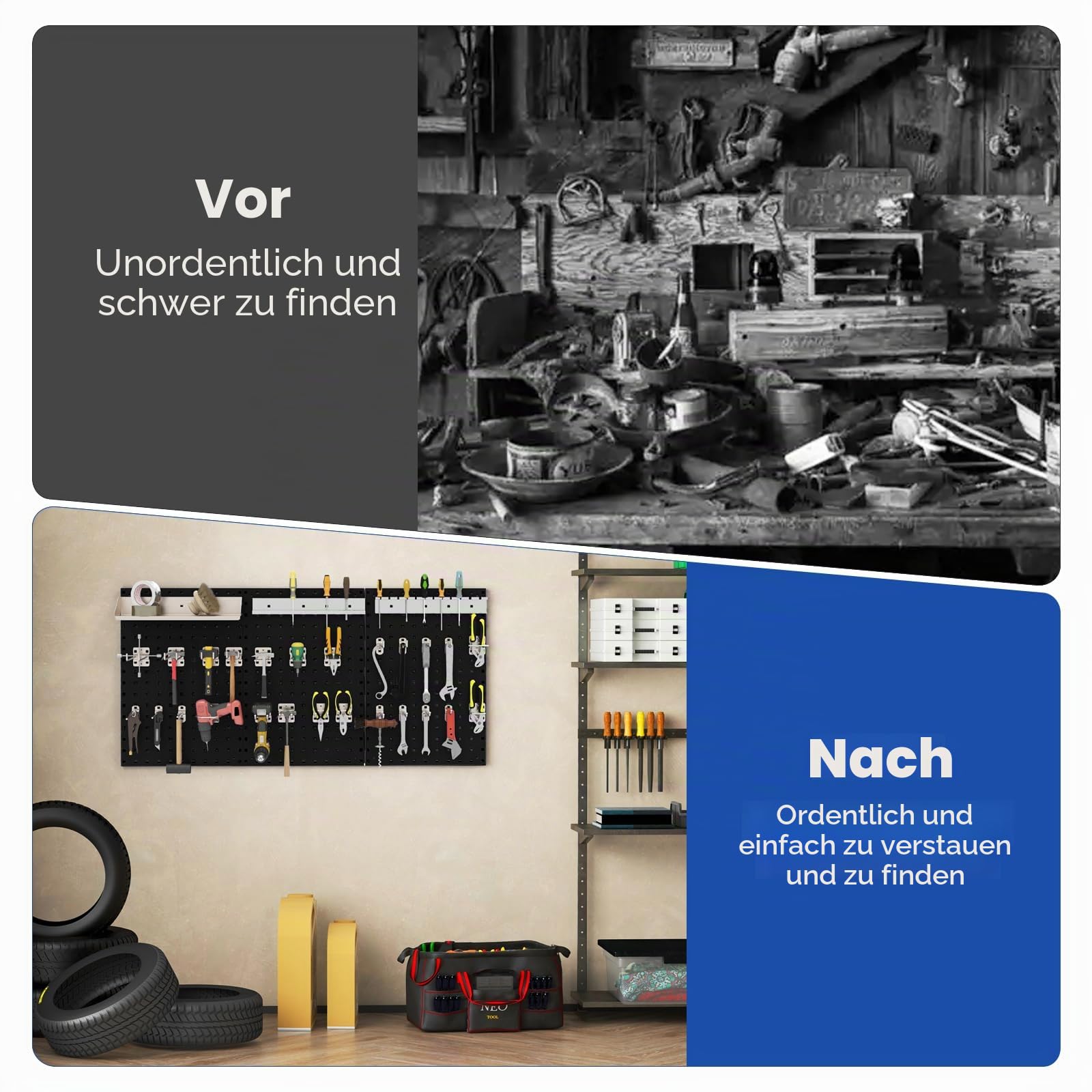 SOARS Werkzeughalter, Wandmontage, 120 x 60 cm, Werkzeugaufbewahrung aus Metall, 3 Paneele, perforiert, mit Set mit 28 Haken, stabil und robust, für Garage, Werkstatt, Reparaturwerkstatt (schwarz)