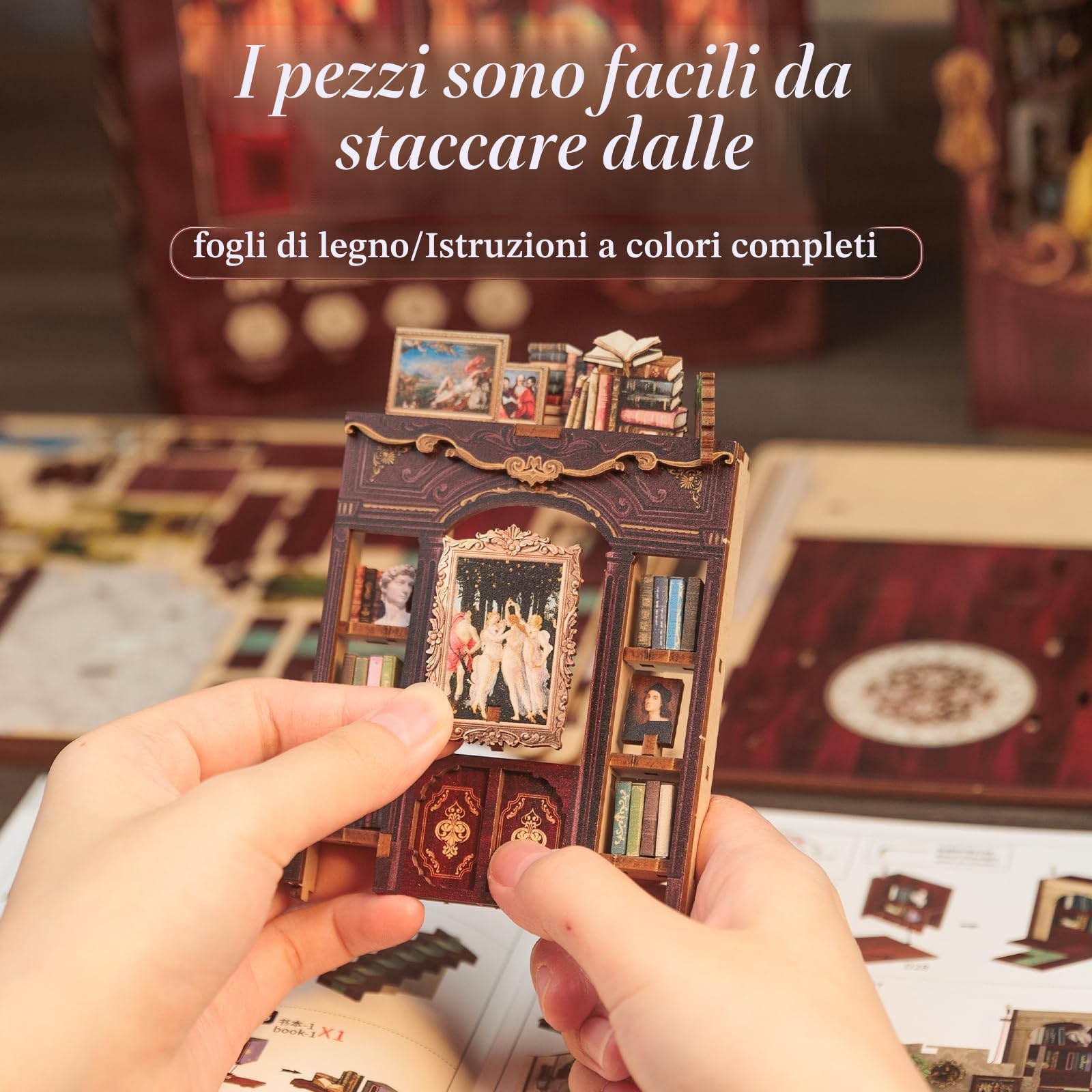 Fsolis DIY Book Nook, Casa delle bambole Mini Casa con Mobili in Legno e Luci a LED, Libro Angolo Mensola Inserto, Book Nook Adulto Costruzione(Library of Wisdom)