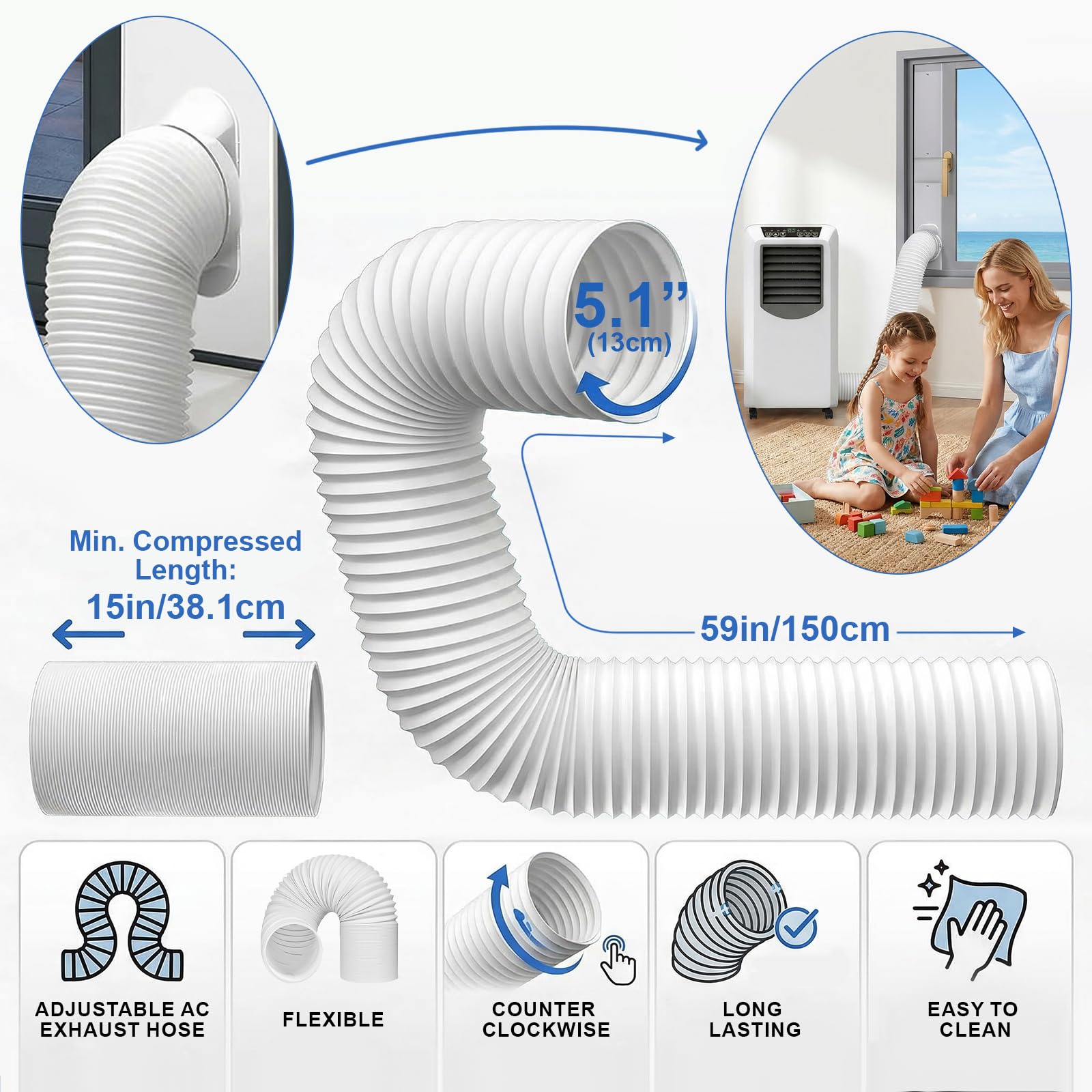Kit Calfeutrage Climatiseur Fenêtre, 4 Pièces Kit Mobile Verrouillable 43-150cm, Universel Calfeutrage Fenêtre avec Tuyau Diamètre 13 cm pour Fenêtres Coulissantes Verticales Ou Horizontales