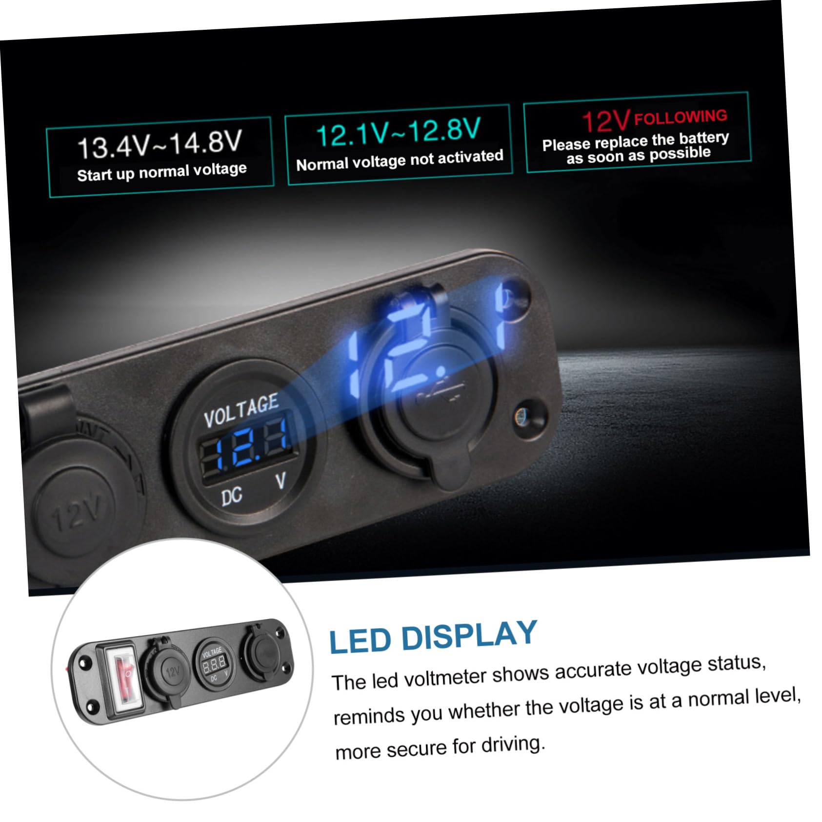 Presa Accendisigari Auto Doppia Porta USB e Voltmetro Digitale, Pannello Rimovibile in Pp Blu Ingresso 12-30v e Uscita 5v, per Ricarica Smartphone in Auto