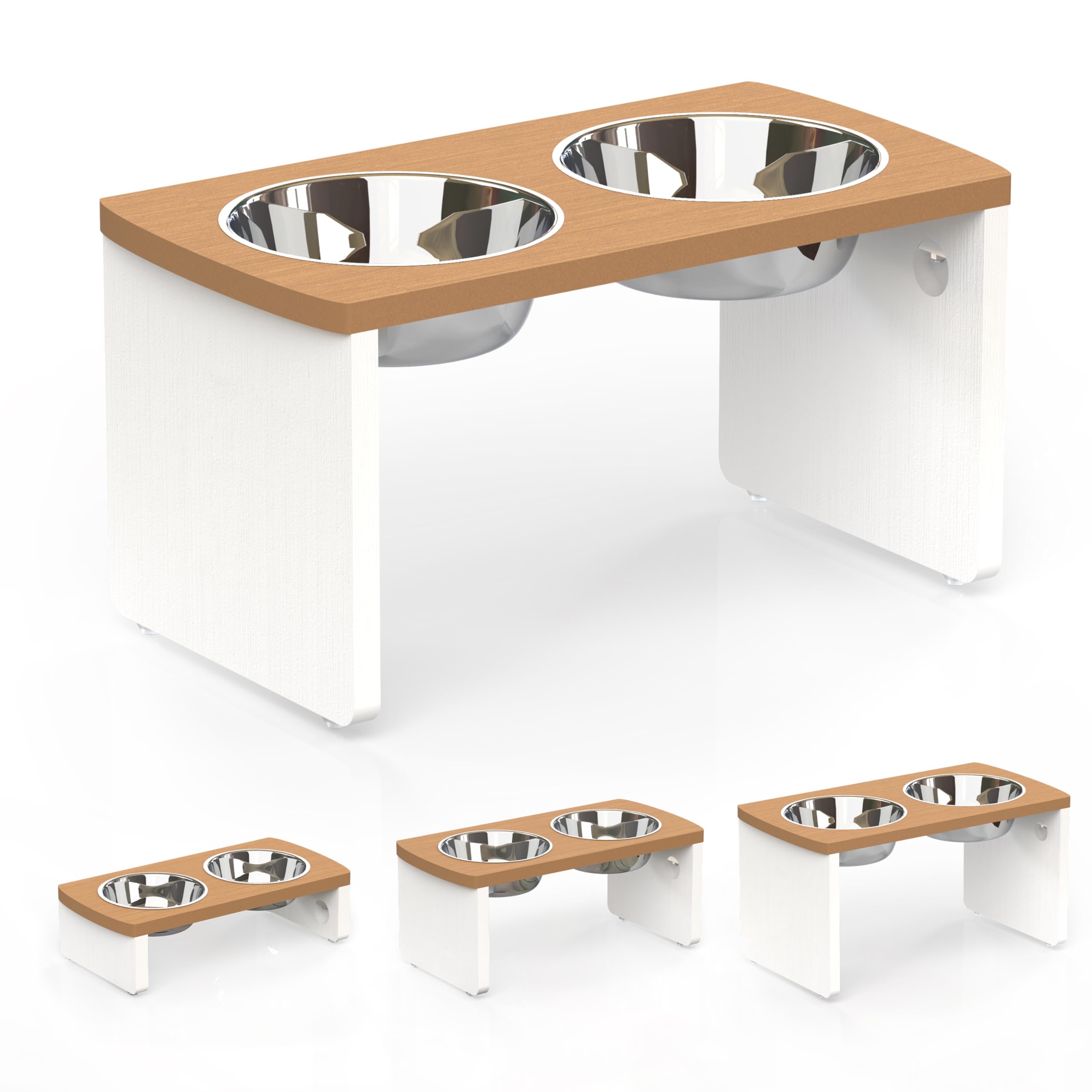 Elevated Dog Bowls, Waterproof Raised Dog Bowl for Medium & Large Dogs, HIPS Poly Lumber Stand with 2 Stainless Steel Bowls, Indoor & Outdoor Use (10'' Tall–48 oz Bowl, Teak-White)