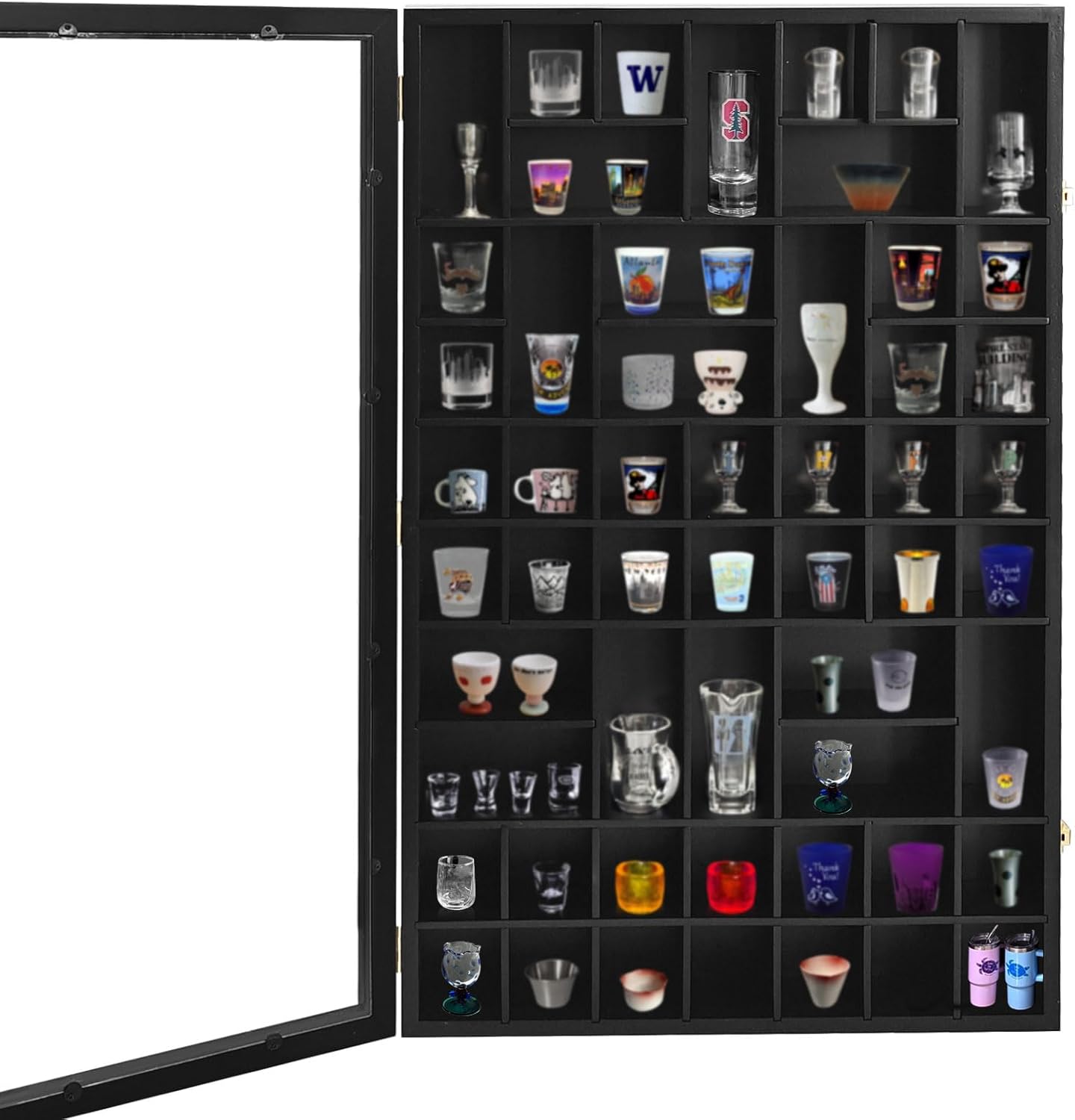 Shot Glass Display Case for Wall, 54 Slots with Removable Shelves for Different Sizes Glasses, 30.5x19.1'', Black, Transparent Acrylic Lockable Door