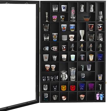 Shot Glass Display Case for Wall, 54 Slots with Removable Shelves for Different Sizes Glasses, 30.5x19.1, Black, Transparent Acrylic Lockable Door