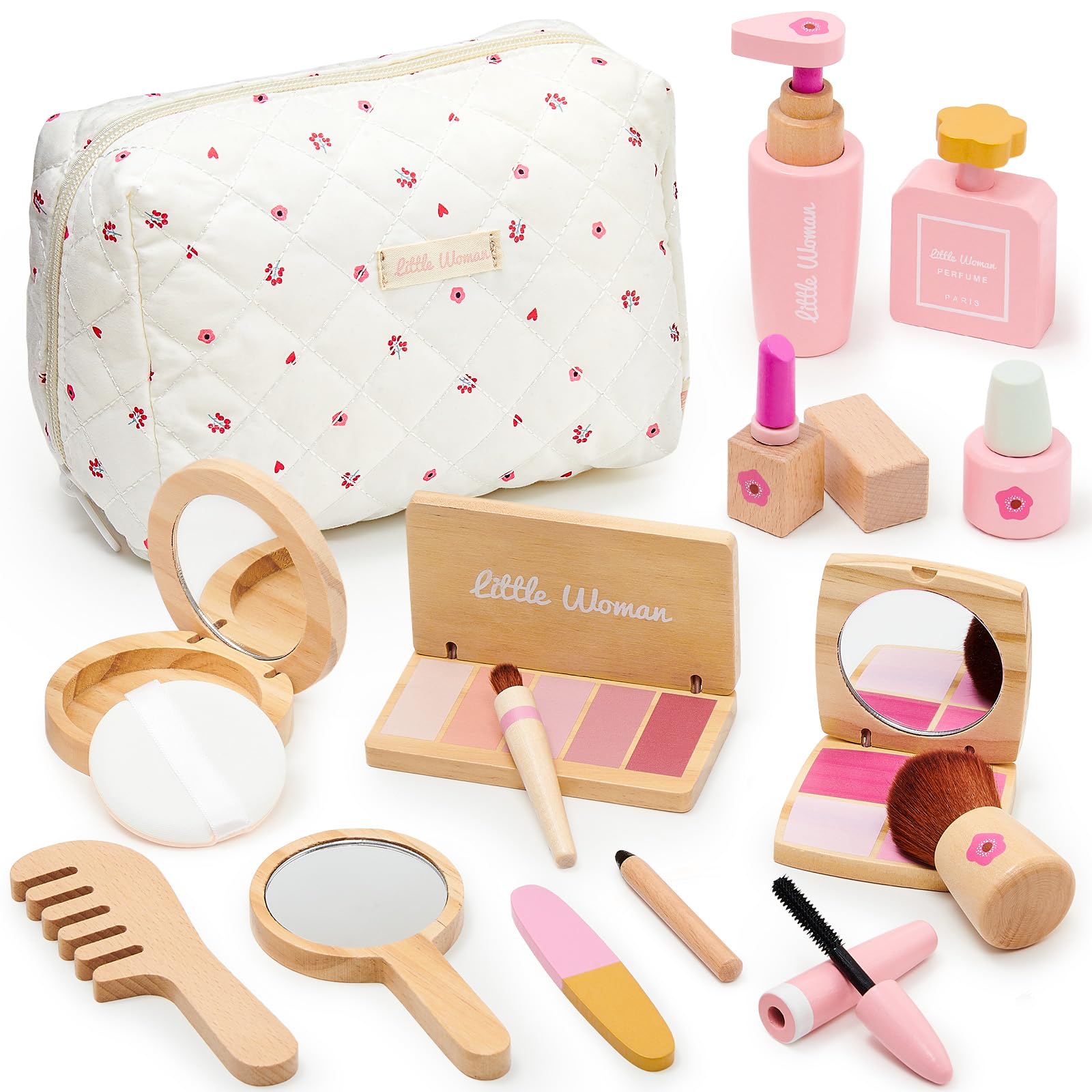 Lonico Wooden Makeup Toy Set for Girls Pretend Play Makeup Kit for Toddlers 3-5 with Eyeshadow/ Mascara/ Perfume/ Blush/ Mirror/ Bag, Birthday Gifts for Girls Toys Kids Aged 3 4 5 6 7 8