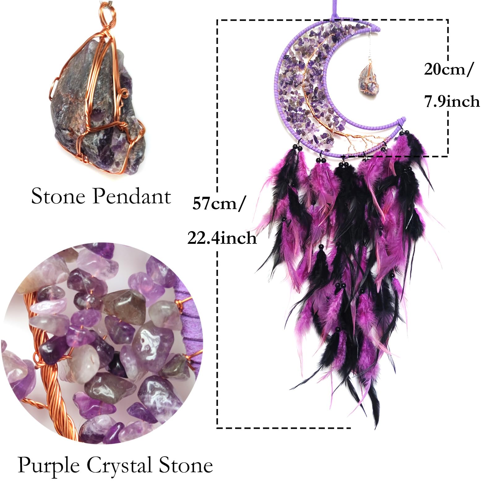 Donko Purple and Black Large Moon Dream Catcher Tree of Life Dream Catchers with Stone Pendant Handmade Feather Dreamcatcher Wall Hanging Ornament for Bedroom Living Room Home Decor - Image 2