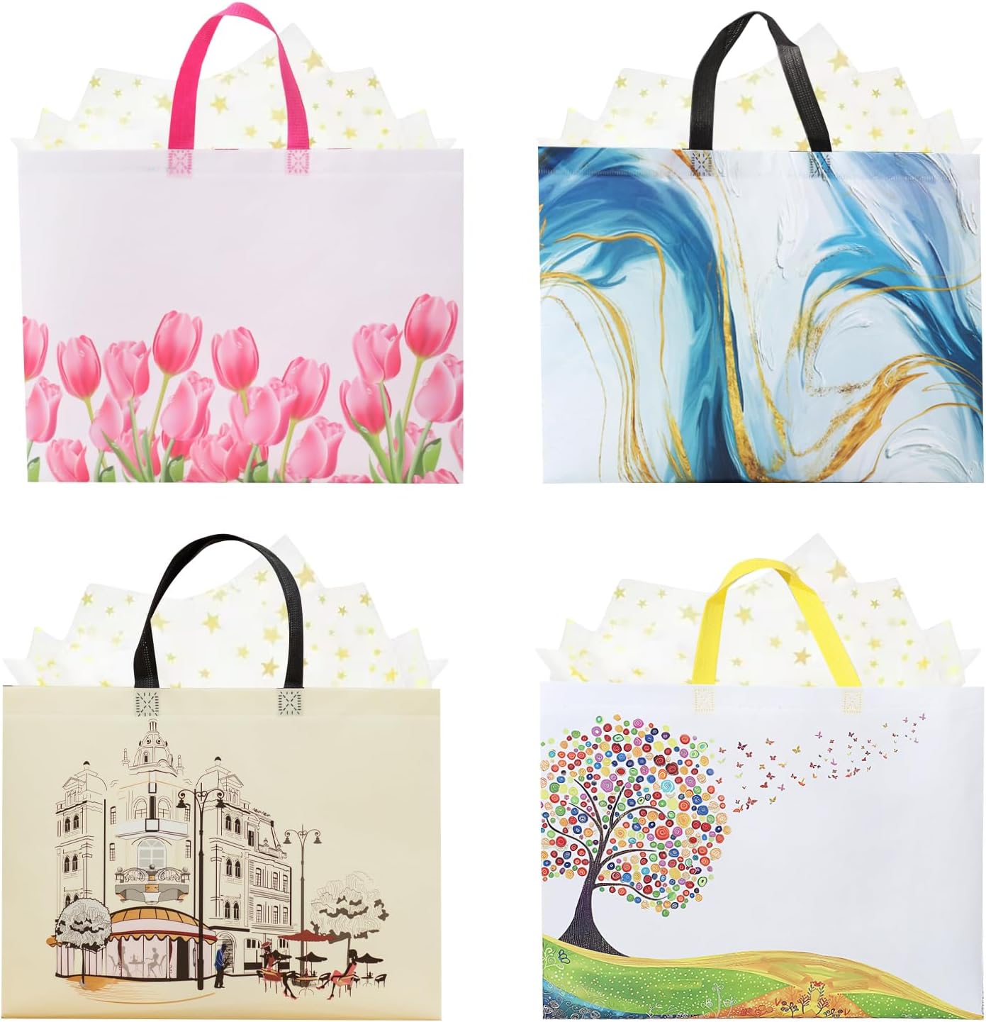 4 Pack 12.5" Gift Bags Medium Size - Includes Tissue Paper & Cards, Reusable Non-Woven Gift Bags with handles for Birthday, Party, Baby Shower, Wedding, Bridal Shower, Anniversary 12.5in×11in×3.9in