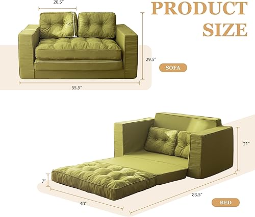 Miniatura 3 de YOSHOOT Sofá biplaza convertible de 55 pulgadas, sofá cama futón para sala de estar, sofá cama extraíble 3 en 1 con respaldo y almohadas, color verde