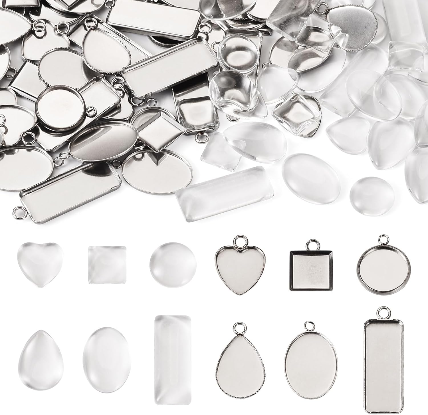 Craftdady Stainless Steel Pendant Cabochon Settings Heart Square Teardrop Flat Round Oval Rectangle Blank Bezel Trays Base Pendant with Glass Cabochons for DIY Earrings Necklace Jewelry