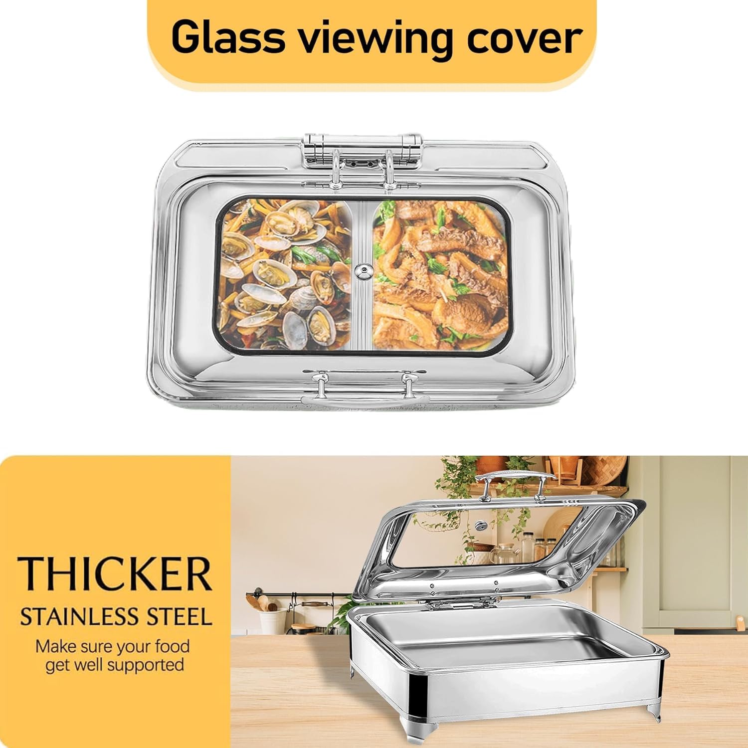 Chafing Dish Elettrico, 9L Scaldavivande Commerciale Contenitore Scalda Cibo Acciaio Inox con on Coperchio in Vetro Trasparente, Scaldavivande Elettrico per Buffet e Feste (GN1/1)