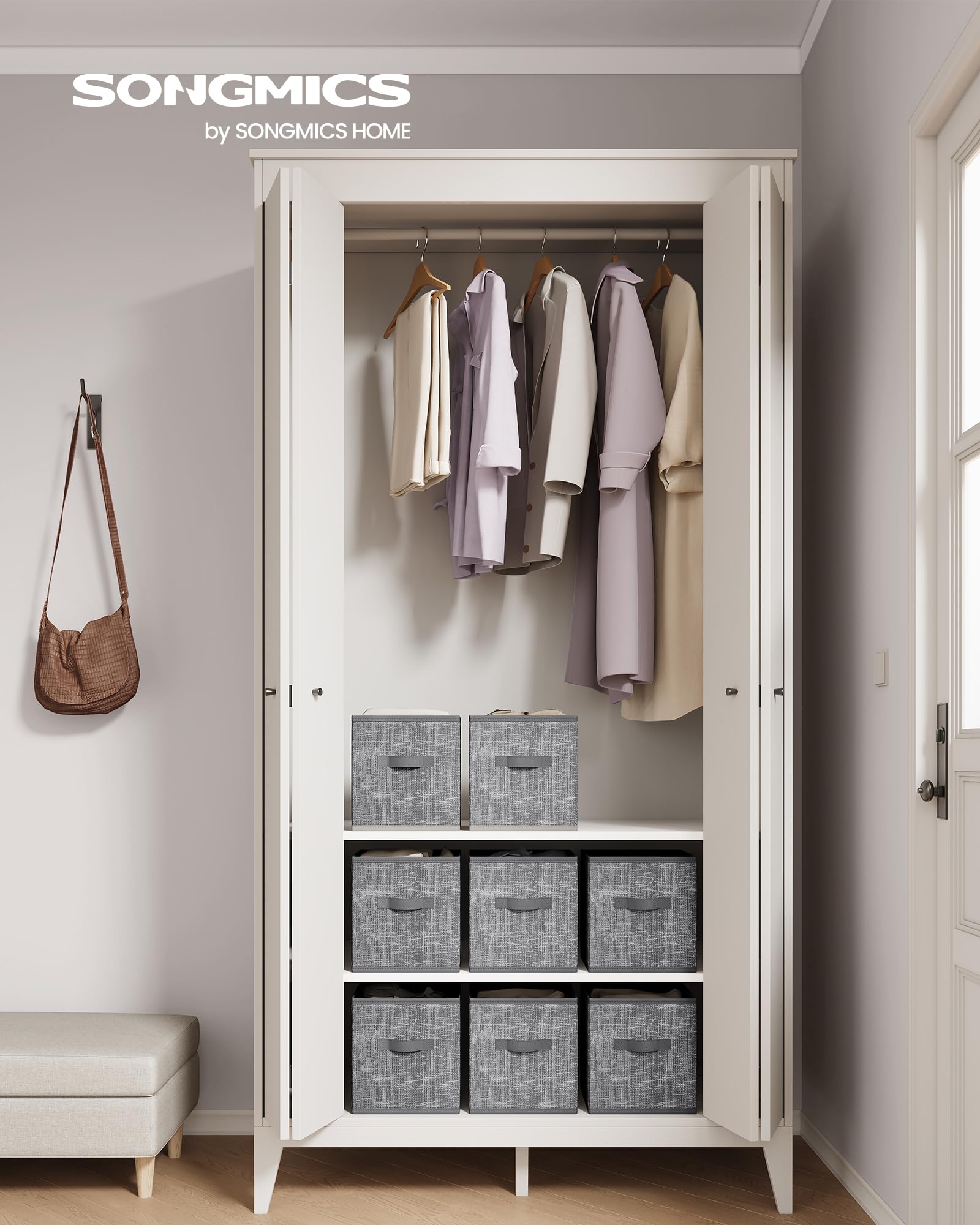 SONGMICS Storage Cubes, 26 cm Non-Woven Fabric Bins with Double Handles, Set of 8, Wardrobe Organisers for Shelves Foldable - Image 2