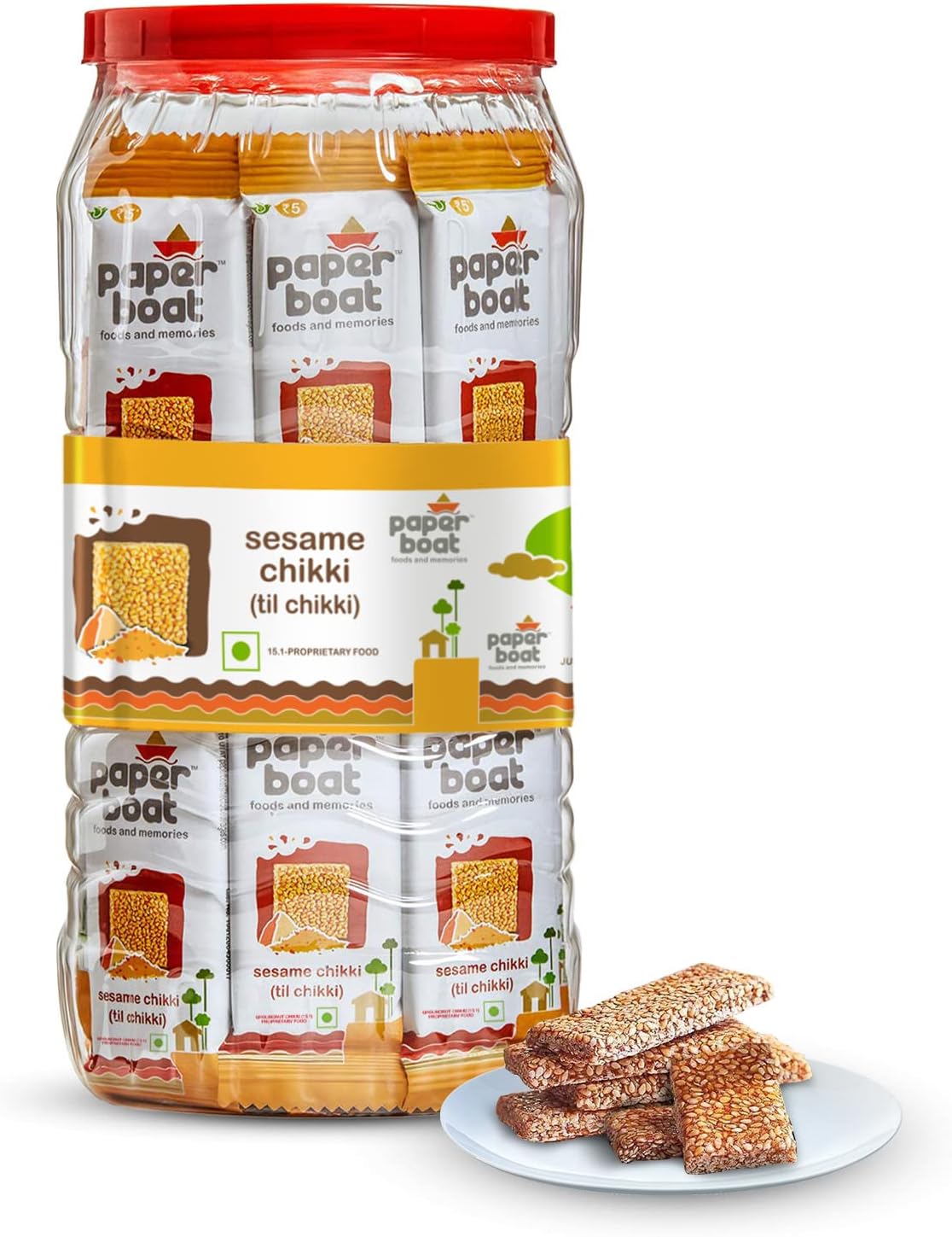 Paper Boat Sesame Chikki Jar, Original Nutritious Bar, No Added Preservatives and Colours | Gajak | Sweets | Made with Jaggery | Gazak (50 pieces, 16 grams each)