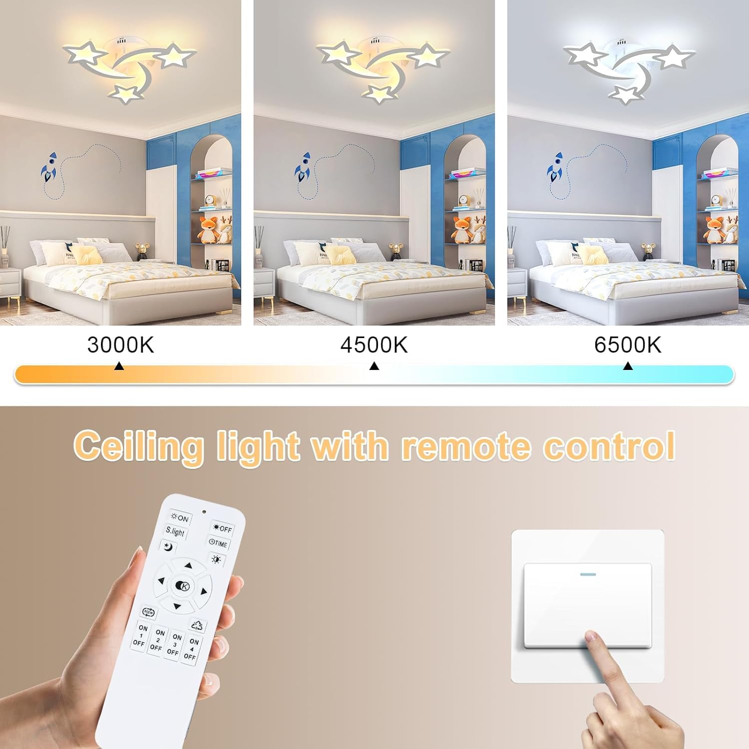Toolight Plafoniera LED dimmerabile 30 W 3375 LM, lampadario camera da letto per bambini con telecomando 3000 K-6500 K, moderna lampada da soffitto per camera dei bambini, soggiorno, camera da letto,