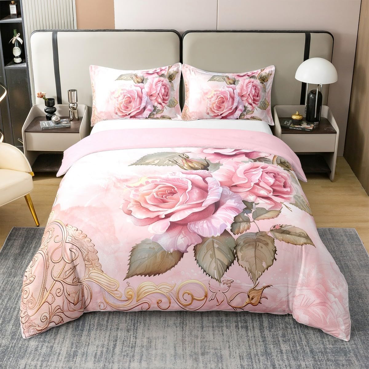 Erosebridal Pink Flower 100% Cotton Duvet Cover King Romantic Blooming Rose Bedding Set for Kids Girls Teen Adults Vintage Sweet Floral Comforter Cover Retro Country Garden Plants Bed Set 3 Pcs