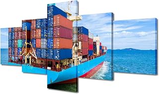 TUMOVO 5 Panel Modern Wall Art Container Cargo Ship at Industrial Port in Import Export Business Picture Prints on Canvas Wall Paintings for Bedroom Living Room Wall Decoration, 50" Wx24 H