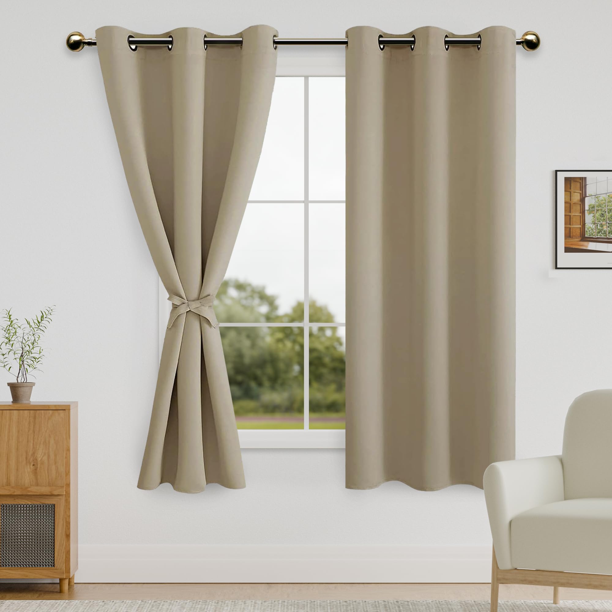 DWCN Blackout Curtains for Bedroom with Tiebacks - Room Darkening Privacy Grommet Top Window Curtains for Living Room, 42 x 63 inch Length, Taupe, Set of 2 Panels — image 1