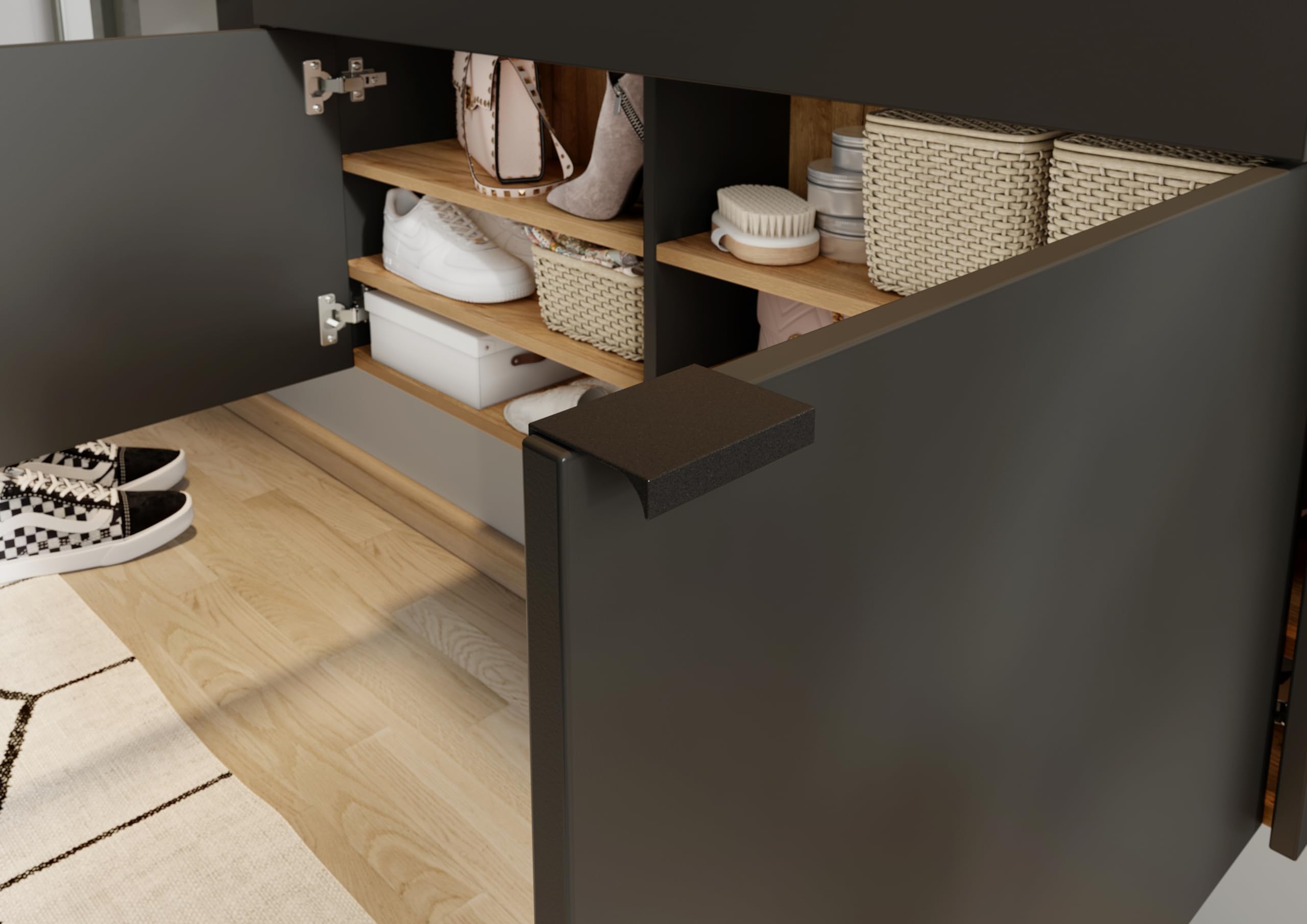 Germania Armadio pensile multiuso con finitura grigio grafite/rovere 1398-549 GW-Ameca, profondità ridotta, ideale per corridoi stretti, 110 x 57 x 22 cm (L x A x P)