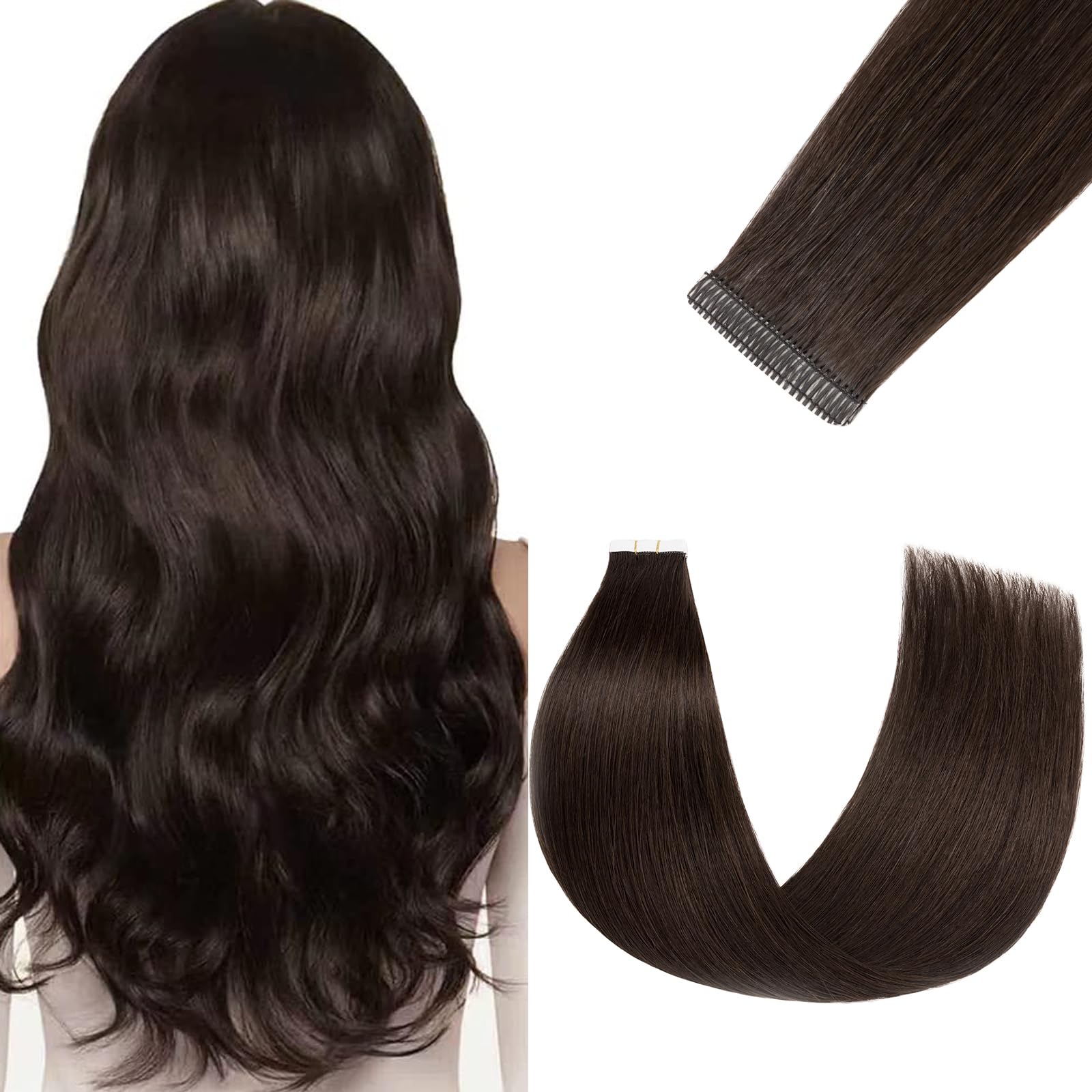 FUOTONBUTY Tape in Hair Extensions Real Human Hair Double Stitched Invisible Seamless 20pcs 50g (Dark Brown to Black, 24 inch)