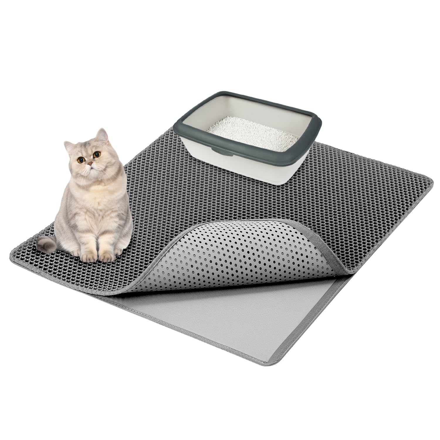 Qwork Grey Qwork® Cat Litter Mat 90 X 76 Cm, Double Layer Honeycomb Design With Eva Material – Non-Skid Base, Easy To Clean For Multi-Cat Families