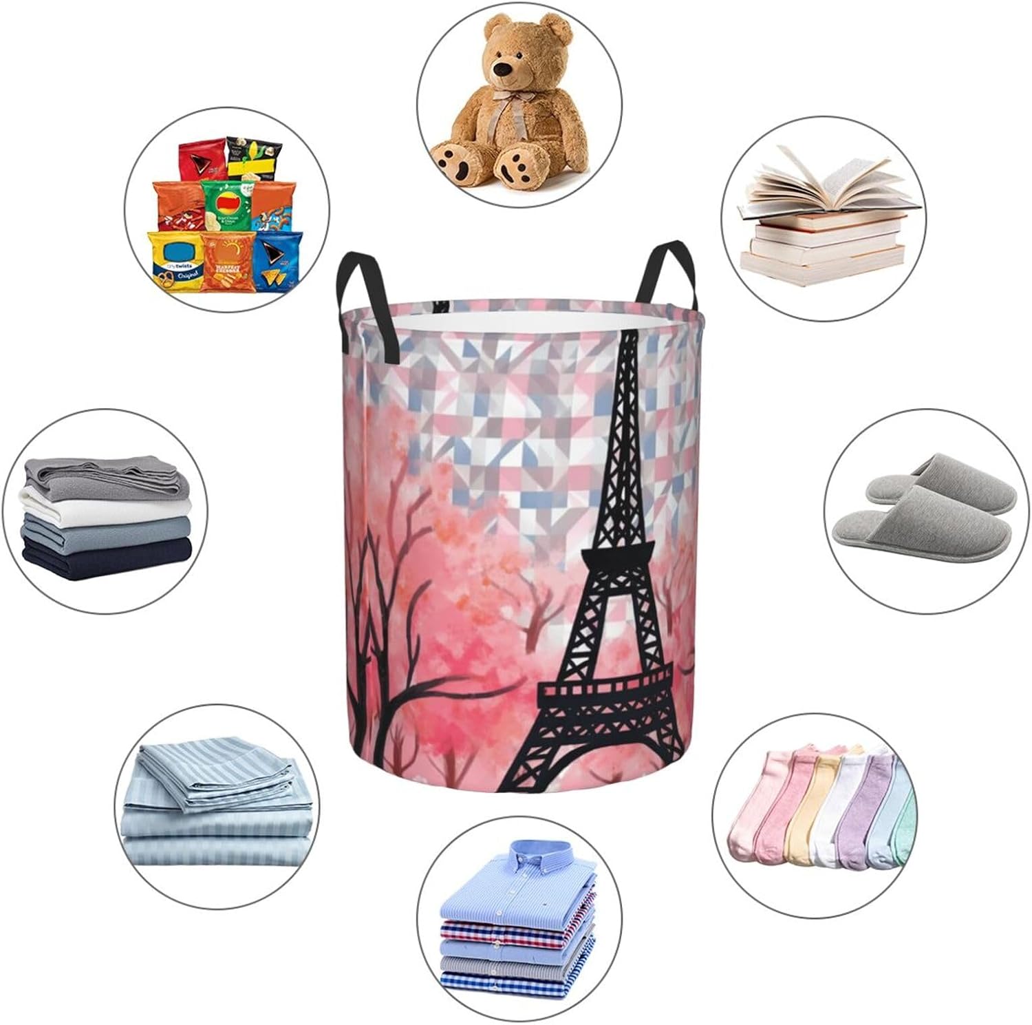 Eiffel Tower Pattern Laundry Basket With Handles, Foldable Laundry Hamper Oxford Cloth Dirty Clothes Basket Waterproof Clothes Toys Storage Bin Organizer for Bedroom Bathroom Dorm