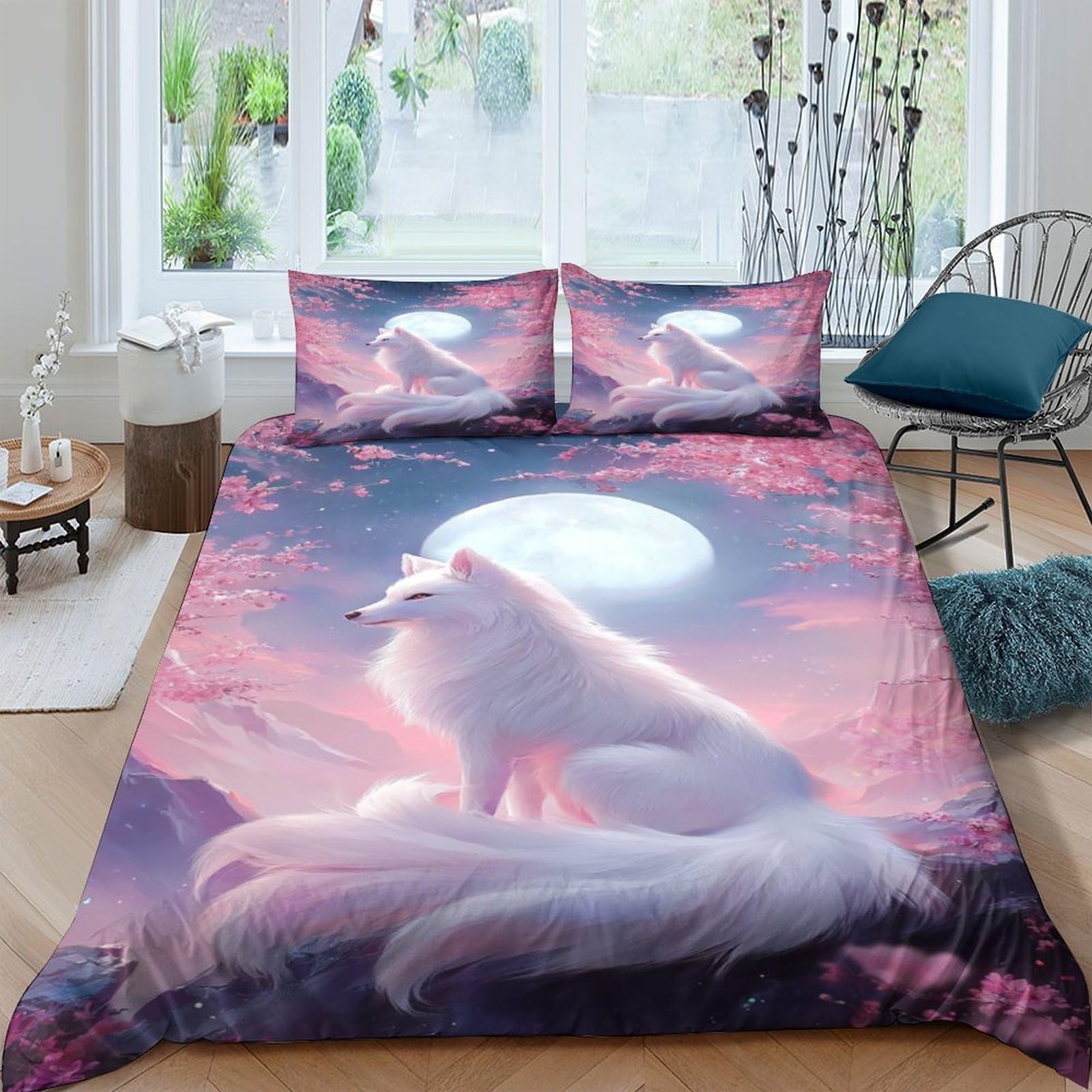 Ctjqhvkz Style-7 3D Printed Moonlight Fox Fitted Sheet Microfiber Soft Anti-Slip Bed Cover Bedroom Decor Dustproof Washable Art Single（135X200cm）